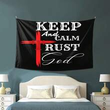 1pc Keep Calm And Trust God Tapestry 60 X 40 Inch Black Polyester Wall H1anging With R1d Cross Design Inspirational Religious Decor For Living Room Bedroom Dorm - Indoor Use No Battery Needed Bedroom Wall Art | Inspirational Tapestry | Polyester Tapestry - 1PC - 查看 2