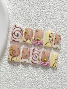 10Pcs Sweet And Edgy Style Handmade Nail Art Set,Polygel Nail Set,Colorful Rhinestones, Gold Stars Nail Art Accessories,Includes Nail Tools,3 Sizes Available,Almond Nails , Duck Nails,Coffin Nails For Party, Dance, Daily Wear. - 彩色 - 查看 17