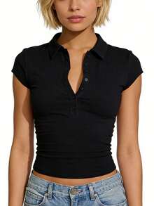 Spring And Summer New POLO Collar Button Short-Sleeved Tight Sports Waisted Versatile Tops Long Sleeve Tops Tops De Mujer Elegantes - 黑色短袖 - 查看 1