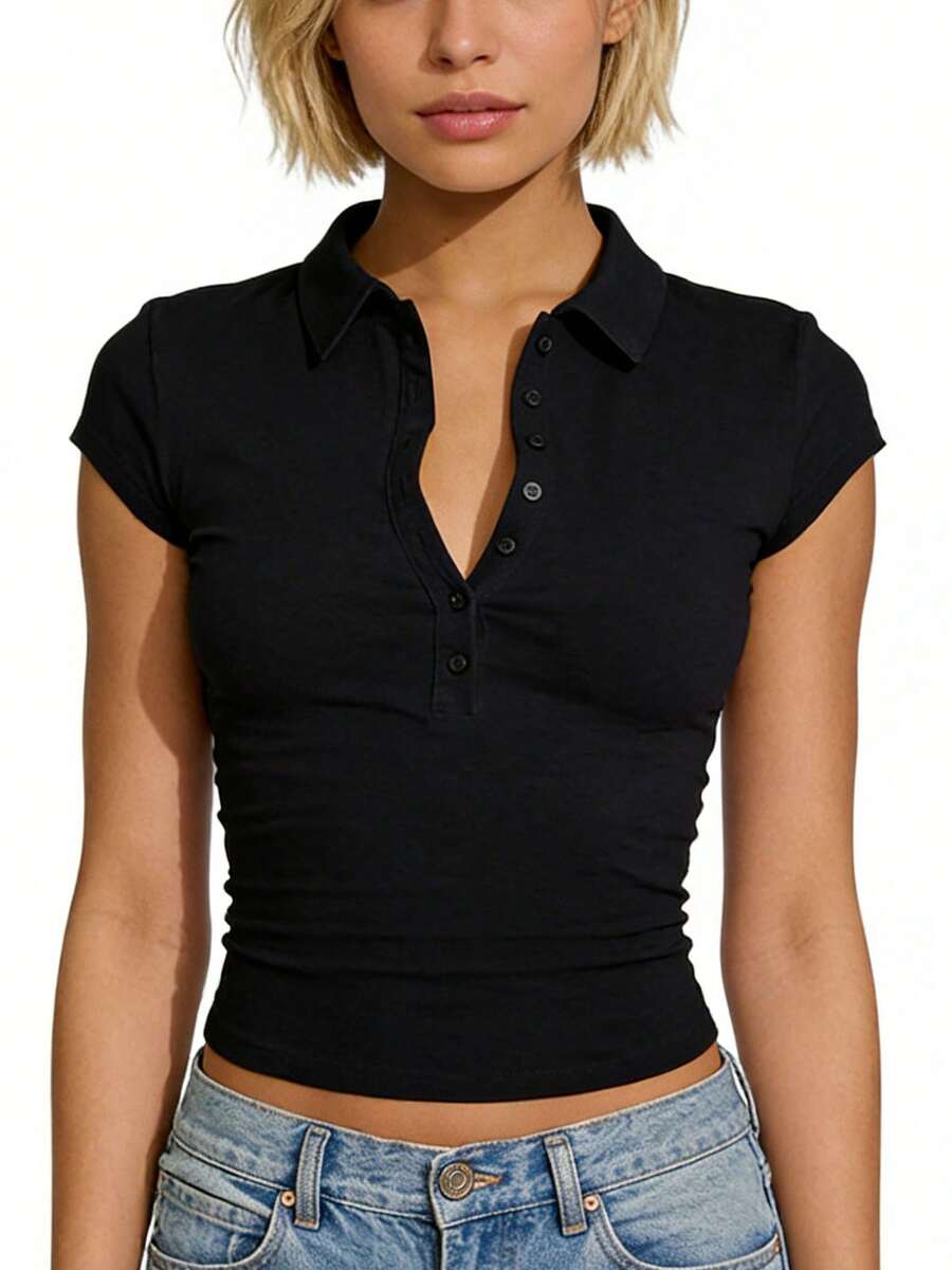 Spring And Summer New POLO Collar Button Short-Sleeved Tight Sports Waisted Versatile Tops Long Sleeve Tops Tops De Mujer Elegantes - 黑色短袖 - 查看 1