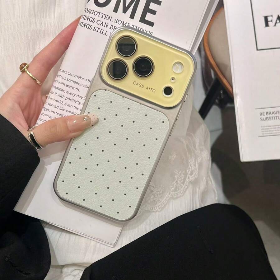Full Screen Round White Polka Dot Phone Case, Compatible With Apple 17 Pro Max, Leather Material, Shockproof, High-End Women's Design With Large Viewing Window, Suitable For IPhone 16 Pro, 15, 14, 13 Pro Max - Baby Blue - View 1
