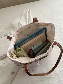 两件套大容量樱桃图案手提包，配有双提手，是通勤上班或上学的理想之选。这款宽敞轻便的托特包融合了经典休闲和商务休闲风格。适合年轻女性、大学生和职业人士，轻松适应工作环境、返校季、高中/大学生活和假期旅行。时尚拉链手提包 - 米色 - 查看 6
