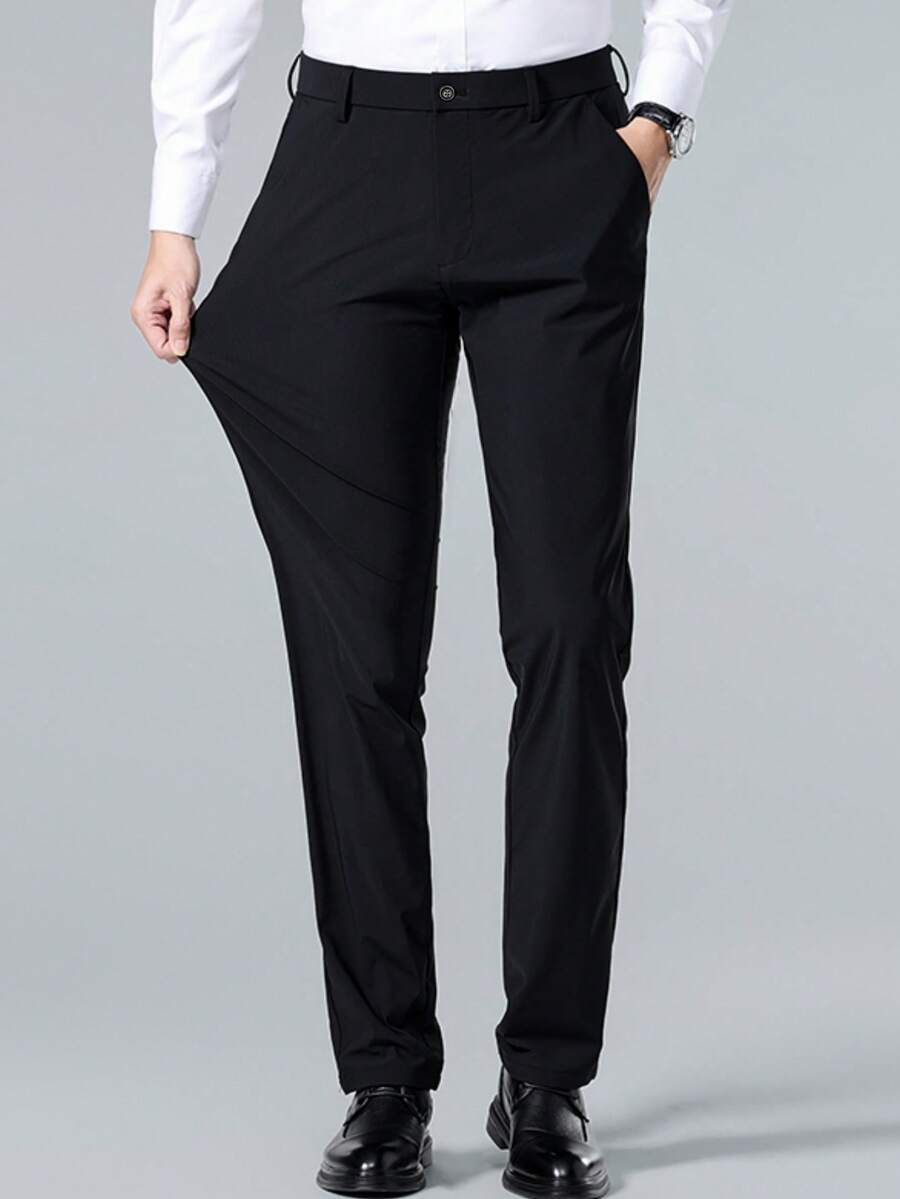 男士经典设计长裤，印花工艺，纯色弹力商务裤，适合春夏穿着，优雅奢华风格，男士长裤 - 黑色 - 查看 1