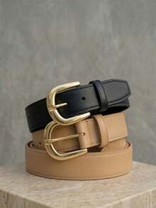Women's Belt Set With GABI Gold Metallic Buckle In Minimalist Faux Leather - Black and Beige - View 1