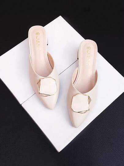 Women's Slip-On Mule Shoes High Heel Backless Slippers New Thick Heel Closed Toe Slides Suitable With Dress Pointed Toe Flat Sandals Metal Buckle Decor Versatile Womens Shoes