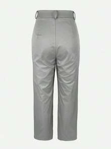 Jessefine Zippered Pockets Wide Leg Pants, Waistless Solid Color Suit Fabric, Brown, Elegant Commute Versatile Office School Daily Wear, Spring/Summer - 灰色 - 查看 8