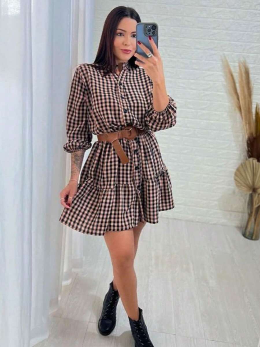 Women's DUNA Plaid Midi Dress With Shirt Collar And Bishop Sleeves, Casual, With Buttons, Asymmetrical Hem, Summer And Beach. - 棕色和黑色格子圖案 - 查看 1