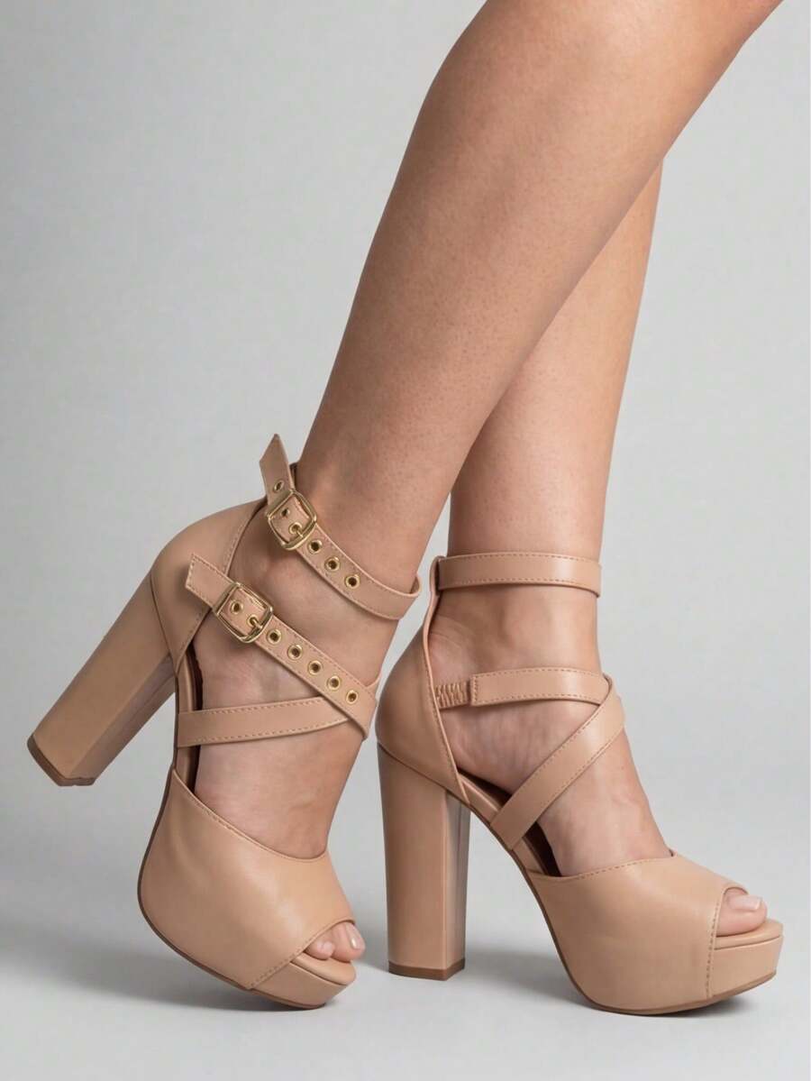 Women's Platform Sandal With High Chunky Heel P15 - 裸體 - 查看 1