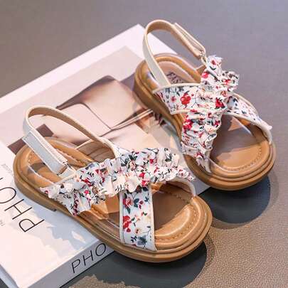 1 paire de sandales plates à imprimé floral polyvalentes, nouvelle mode 2025. Bout rond, décontracté, danse, extérieur, chaussures de princesse à bout fermé pour le printemps et l'automne, grande taille