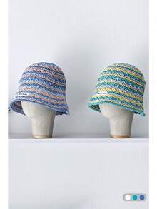 Sombrero de cubo calado y colorido, adecuado para primavera/verano, playa, vacaciones, protección solar, versátil, sombrero de paja a rayas para mujer, casual al aire libre, visualmente estilizador - Multicolor - Ver 4