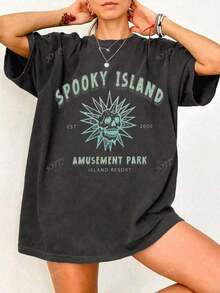 Summer Outfits For WomenSpooky Island Amusement Park Retro Halloween Oversized Women T-Shirt, Skull Graphic Short Sleeve Casual Loose Fit Tee, Fall Fits-- |   Exquisite Design |     Loose And Comfortable |     Easy To Match | Summer Outfits For Womensummer Outfits For Women,Summer Tops - 白色 - 查看 1
