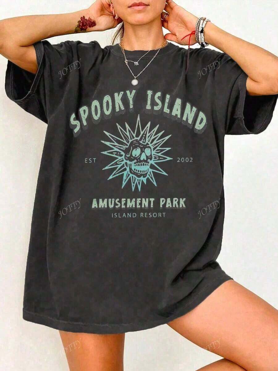 Summer Outfits For WomenSpooky Island Amusement Park Retro Halloween Oversized Women T-Shirt, Skull Graphic Short Sleeve Casual Loose Fit Tee, Fall Fits-- |   Exquisite Design |     Loose And Comfortable |     Easy To Match | Summer Outfits For Womensummer Outfits For Women,Summer Tops - 白色 - 查看 1