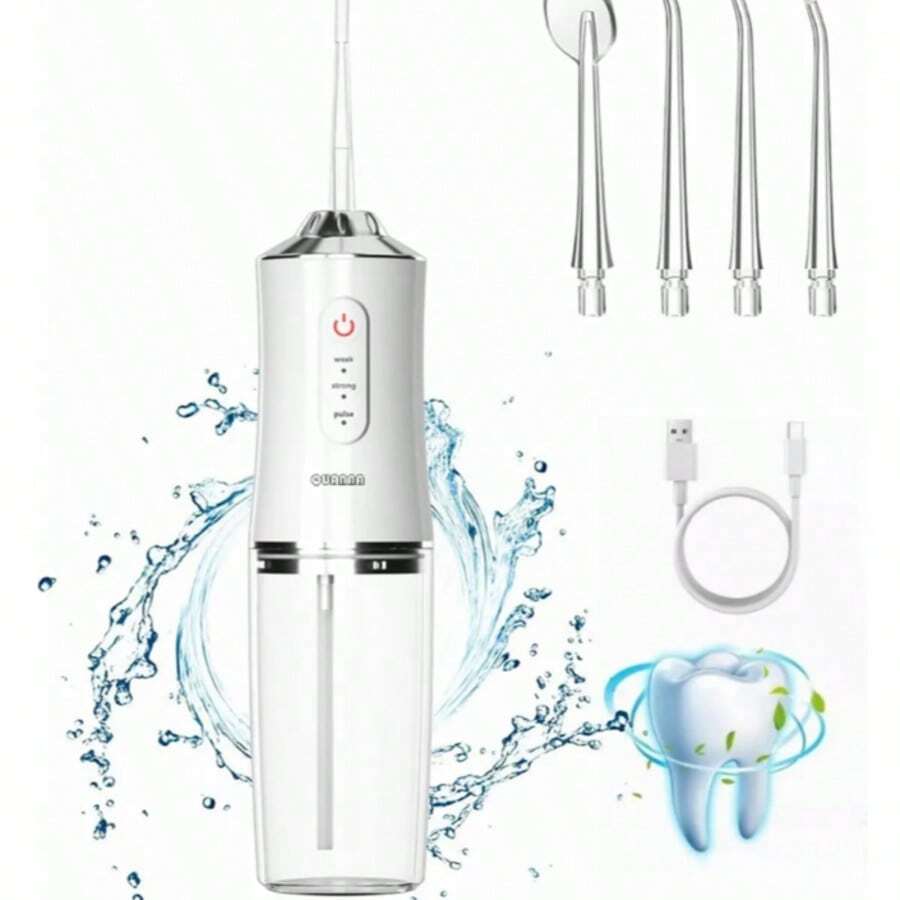 Irrigador bucal eléctrico, diseño inalámbrico, 3 modos, 4 boquillas, limpia los dientes, portátil, recargable, práctico para enjuagar las amígdalas, ideal para viajar, un regalo de cumpleaños estupendo. - Blanco - Ver 1