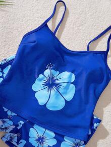 Traje de baño de mujer, conjunto de bikini con estampado floral, top con sujetador acolchado y shorts, estilo bohemio, adecuado para vacaciones, playa, natación y deportes, aplicable para otoño/invierno y primavera/verano SS26 - azul real - Ver 11