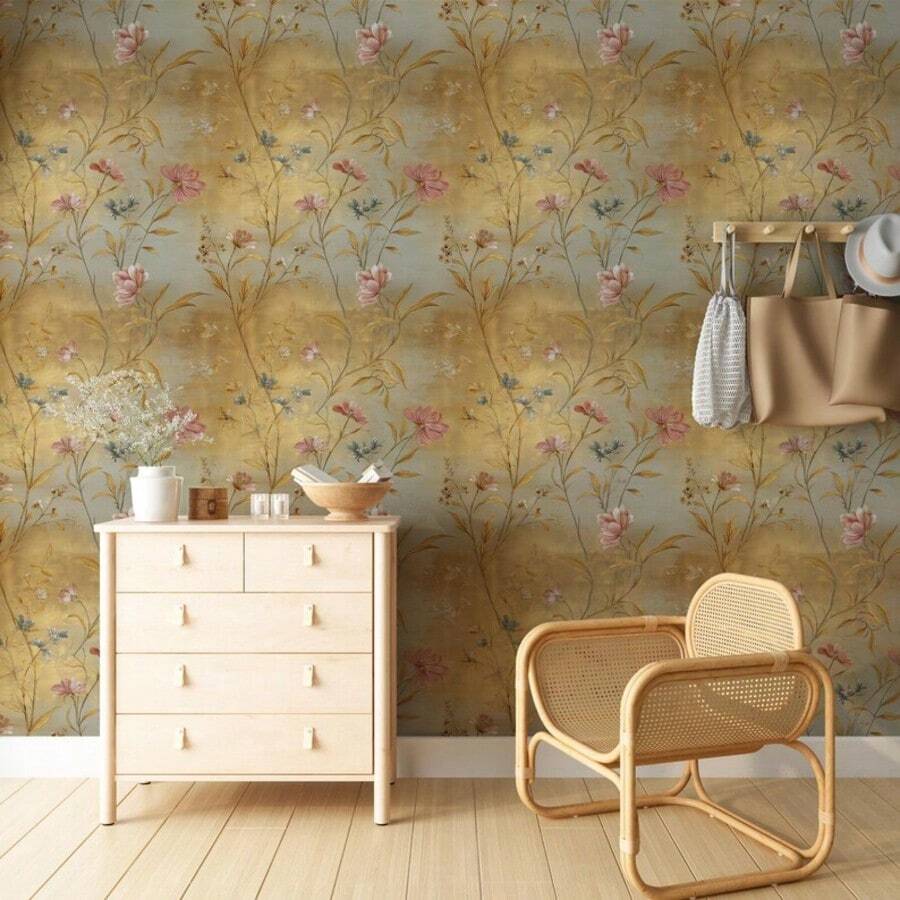 Elegant Wild Flower Golden Vintage Ivy Peel And Stick Wallpaper Mural, Suitable For Bedroom, Kitchen, Office And Other Spaces Decoration - 1PC - View 1