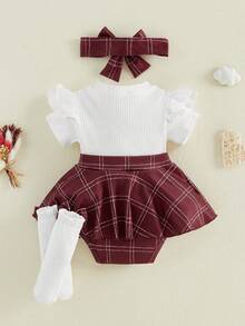 Newborn Baby Girl Summer Clothes Short Sleeves Plaid Skirt Romper Dress Headband Socks Set Fashion Holiday Outfit, Preemie Newborn Baby Girl Clothes - Đỏ - Xem 8