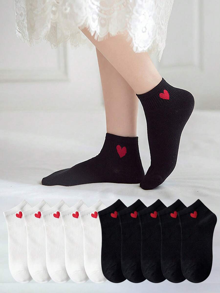 5 Pairs Fashion Mid-Calf Heart & Letter Pattern Socks, Holiday Heart Socks - Multicolor - View 1