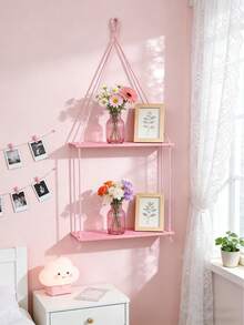 1pc Pink Photo Frame Wall Shelf, Boho Style Hanging Wall Storage Rack For Bedroom, Living Room, Bathroom, Nursery, Dorm, Cute Plant Aesthetic Home Decor, Photo Frame, Vanity, Pink Boho Style Wall Display Shelf For Ladies Room - Multicolor - View 2