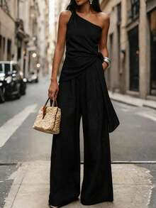 PoPoHouse 女士黑色优雅两件套夏季度假海滩休闲通勤办公室时尚婚礼派对外出套装，单肩褶皱上衣和阔腿裤套装 - 黑色 - 查看 3