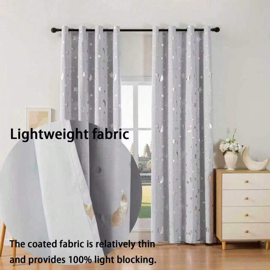 1pc Minimalist Coated Composite Star & Moon Foil Blackout Thermal Insulation Curtain For Bedroom, Living Room, Balcony, Study - Beige - View 1