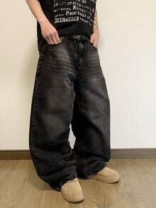 1 Peça Hearty Haven Denim Denim Largos Lavados de Ajuste Folgado Plus Size para Homens, Denim Versátil e Confortável para Todas as Estações (Sem Cinto ou Acessórios) - Preto - Visão 2