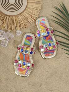 Kids Fashion Slippers, New Square Toe Rhinestone Design Shiny Girls Summer Beach Slippers - Multicolor - View 3