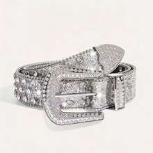 1 pieza Cinturón para hombre con adornos de strass de gran resistencia, adecuado para uso en fiestas - Plateado - Ver 1