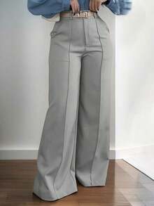 Jessefine Zippered Pockets Wide Leg Pants, Waistless Solid Color Suit Fabric, Brown, Elegant Commute Versatile Office School Daily Wear, Spring/Summer - 灰色 - 查看 3