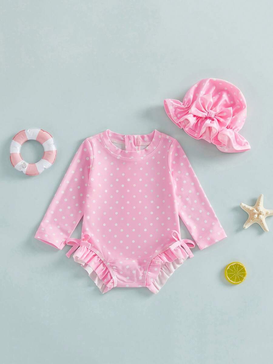 Baby Girl Polka Dot Long Sleeve Rash Guard Swimsuit Set Ruffle One Piece Bathing Suit Bow Swim Cap Infant Beach 2Piece Set - Rosa - Ver 1