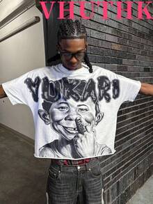 Graphic-Shirt Cotton Tees Size Plus,VHUTHK (180 Cotton T-Shirt)Y2K With YUKARI STUDIOS Printed Design,  American Style. 100% Cotton Streetwear Short-Sleeved Shirt, Suitable For Men's Summer Round-Neck Short-Sleeved Shirts. ,Y2K,Oversized Shirt Men,Summer Tops - 白色 - 查看 1