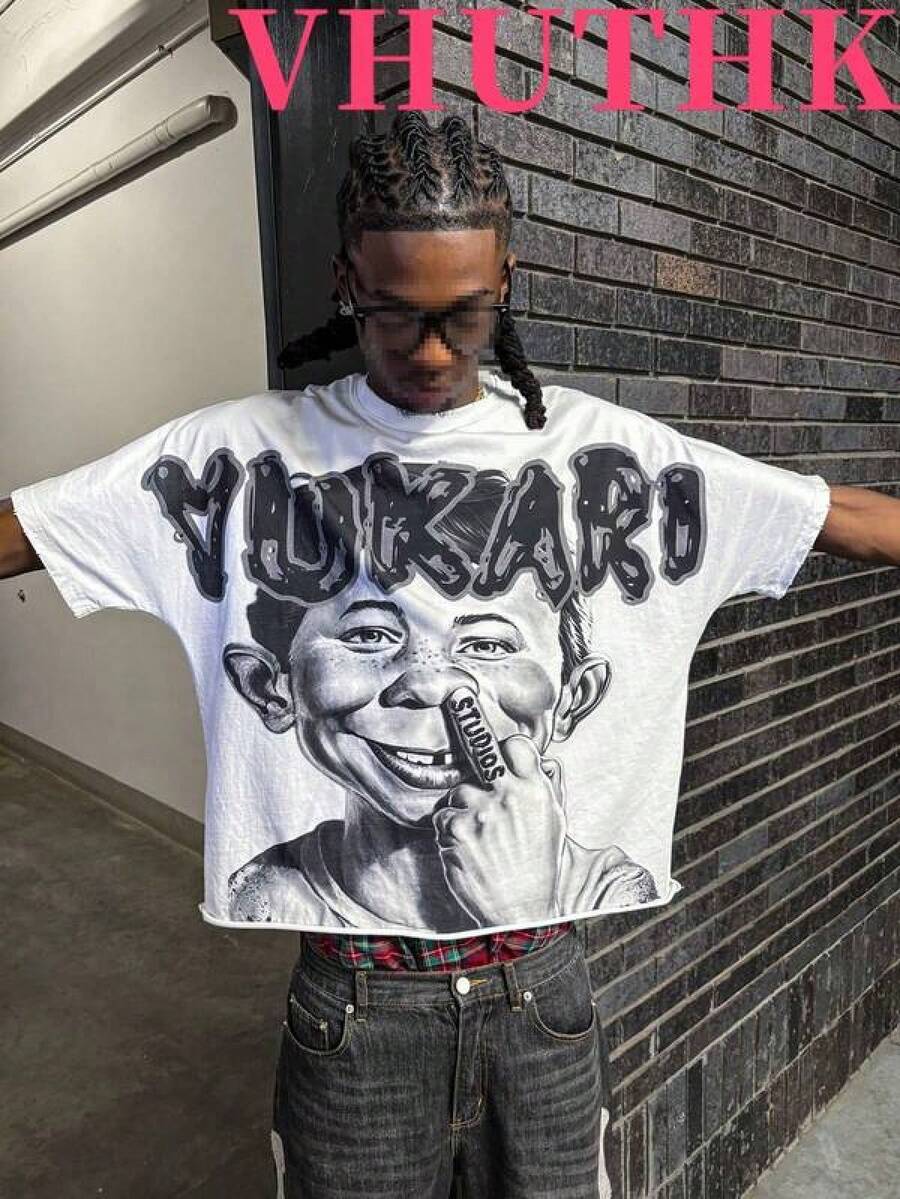 Graphic-Shirt Cotton Tees Size Plus,VHUTHK (180 Cotton T-Shirt)Y2K With YUKARI STUDIOS Printed Design,  American Style. 100% Cotton Streetwear Short-Sleeved Shirt, Suitable For Men's Summer Round-Neck Short-Sleeved Shirts. ,Y2K,Oversized Shirt Men,Summer Tops - 白色 - 查看 1