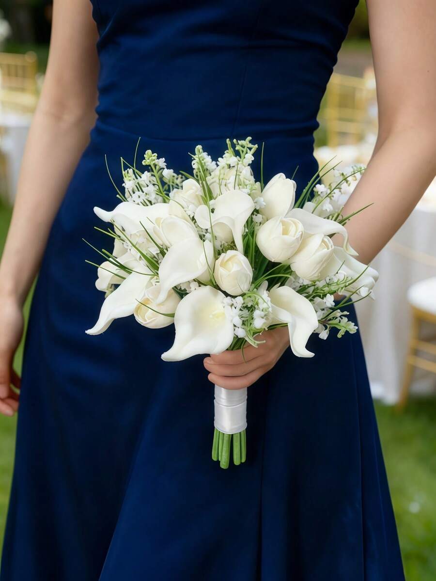 White Calla Lily Bridal Bouquet, Bridesmaid Bouquet, Wedding Ceremony Holding Flowers, Anniversary Wedding Bride Shower Party, Wedding Party Decor & Photography Props - White - View 1