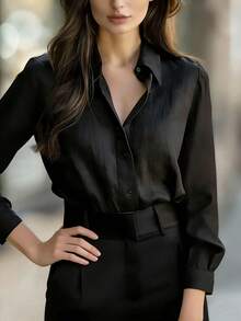 女士时尚亚麻翻领衬衫，公主袖长袖办公通勤优雅上衣，百搭显瘦设计 - 黑色 - 查看 4