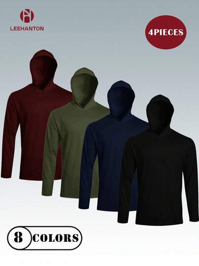 Pack de 4 Playeras con Capucha y Manga Larga para Hombre, Malla Micro Poliéster 150gsm, Transpirable, 8 Colores
