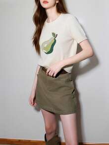 Women's Casual Fruit Pattern Round Neck Short Sleeve Knit Top, Summer - Beige - View 5