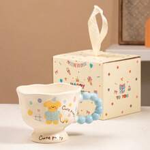 Süße Bär & Katze Design Keramik Tasse mit Löffel, Paar Kaffeetasse, Geburtstagsgeschenk für sie, Büro Kaffeetasse, Punkte Keramik Kaffeetasse - Süß minimalistisch hochästhetische Tasse mit sanften Kurven & glänzender Oberfläche, mit mehrfarbigen Punkten (Pink, Gelb, Braun) - langanhaltend wärmeisolierendes Design für Zuhause, Büro oder als Geschenk - Ideal für Kaffee, Tee - Verschiedenfarbig - Übersicht 11