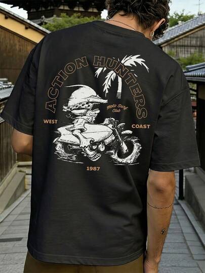  FRACTYR Men's Summer Casual Street Fashion Abstract Motorcycle Anime Printed Loose Fit Round Neck Short Sleeve T-Shirt