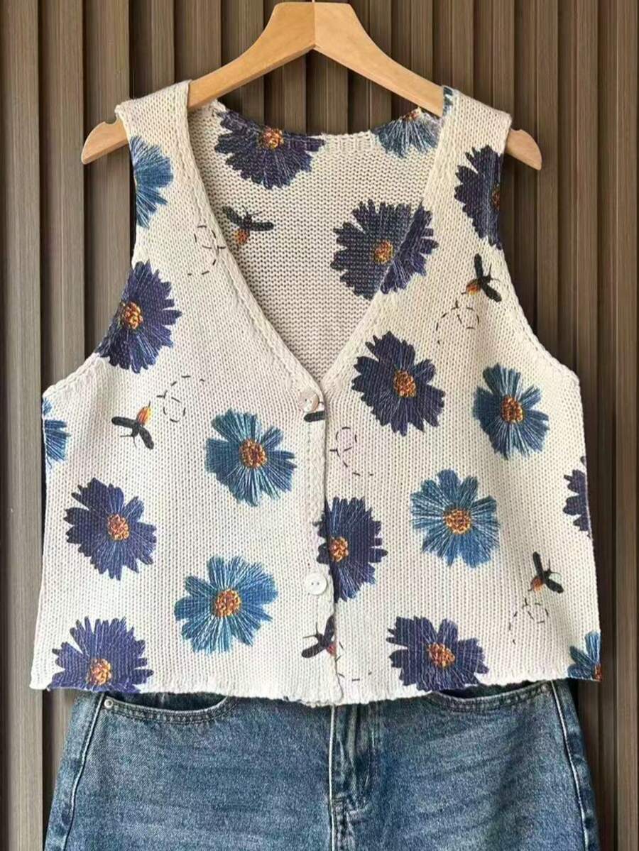 Minimalist Fashionable Women Floral Print Sleeveless Knit Sweater, Spring/Summer - Blue - View 1