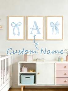 3er Set personalisierte blaue Schleife Wandkunst Poster, individuelle Name blaue Kinderzimmer Dekor Malerei, blaue Schleife Kinderzimmer Dekoration, moderne minimalistische Drucke, geeignet für Apartment Schlafzimmer Wohnzimmer Dekoration, Mädchen Geburtstags Geschenk, Ideal für Sie/Tochter, ohne Rahmen - Verschiedenfarbig - Übersicht 1