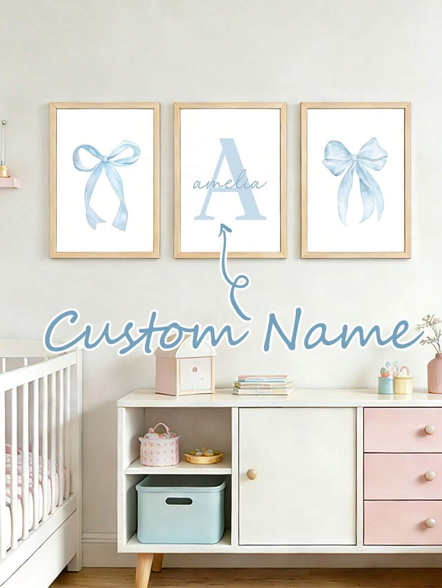 3er Set personalisierte blaue Schleife Wandkunst Poster, individuelle Name blaue Kinderzimmer Dekor Malerei, blaue Schleife Kinderzimmer Dekoration, moderne minimalistische Drucke, geeignet für Apartment Schlafzimmer Wohnzimmer Dekoration, Mädchen Geburtstags Geschenk, Ideal für Sie/Tochter, ohne Rahmen - Verschiedenfarbig - Übersicht 1