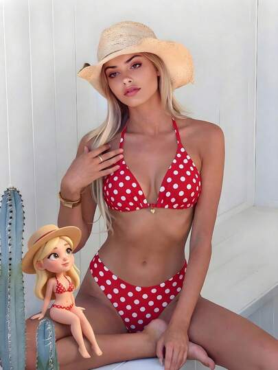 2026新款女士时尚撞色波点图案爱心配饰比基尼套装，夏季泳装，适合海滩、度假、派对、下午茶等场合，褶皱三角侧系带两件式泳衣，红色波点度假风