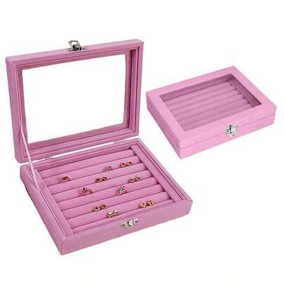2pcs 7-Slot Velvet Jewelry Earring Storage Box With Transparent Lid, Jewelry Display Tray