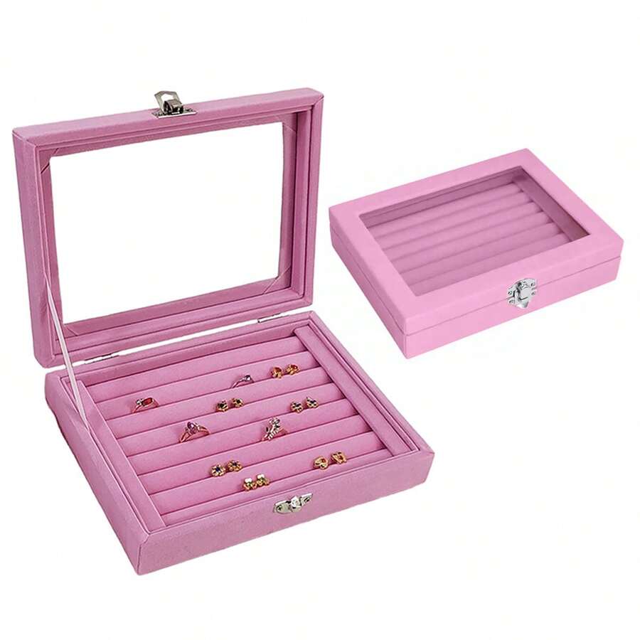 2pcs 7-Slot Velvet Jewelry Earring Storage Box With Transparent Lid, Jewelry Display Tray - Multicolor - View 1