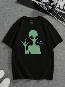 Cotton T-Shirt With Alien Print And UPUY Slogan - 黑色 - 查看 1