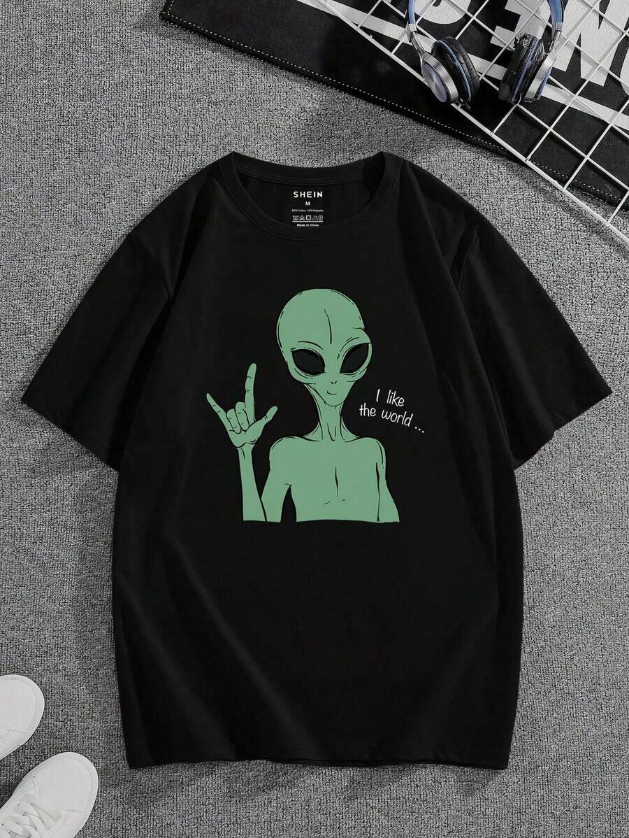 Cotton T-Shirt With Alien Print And UPUY Slogan - 黑色 - 查看 1