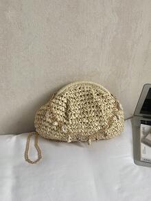 時尚設計草編編織包，女款熱門小眾時尚編織森林風藝術感鏈條單肩包，休閒百搭斜背包，適合出遊、約會、購物、送禮、通勤等場合 - 米色 - 查看 6