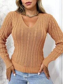 Women's Knitted Sweater With A V-Neck, Long Sleeves, And Regular Length With Slight Stretch. - Khaki - View 2