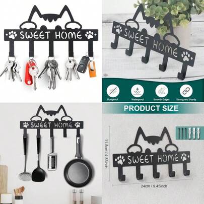 Key Holder Hooks Wall Mounted Organizer Hanger Rack Cat Sweet Home Wall Metal Decor For Entryway Front Door Kitchen Hallway Garage Mudroom Officekitchen Rack