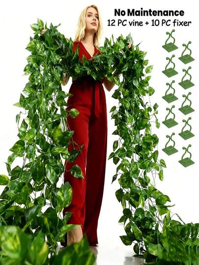 12pcs Artificial Lifelike Ivy Vines With 10pcs Vine Clips, Fake Hanging Greenery Leaves, Outdoor Artificial Green Ivy Garland For Home Decor, Garden, Wedding, Party, Wall Decoration, Maintenance-Free, Suitable For Mother's Day, Valentine's Day, Graduation