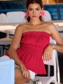 New Strapless Exposed Shoulder Sleeveless Crop Top, Sexy Waist-Cinching Stylish Camisole For Women, Spring/Summer - Red - View 4